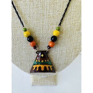 Vintage Eisenberg Artist Series Bell Pendant Necklace 21" Brown‎ Green & Yellow